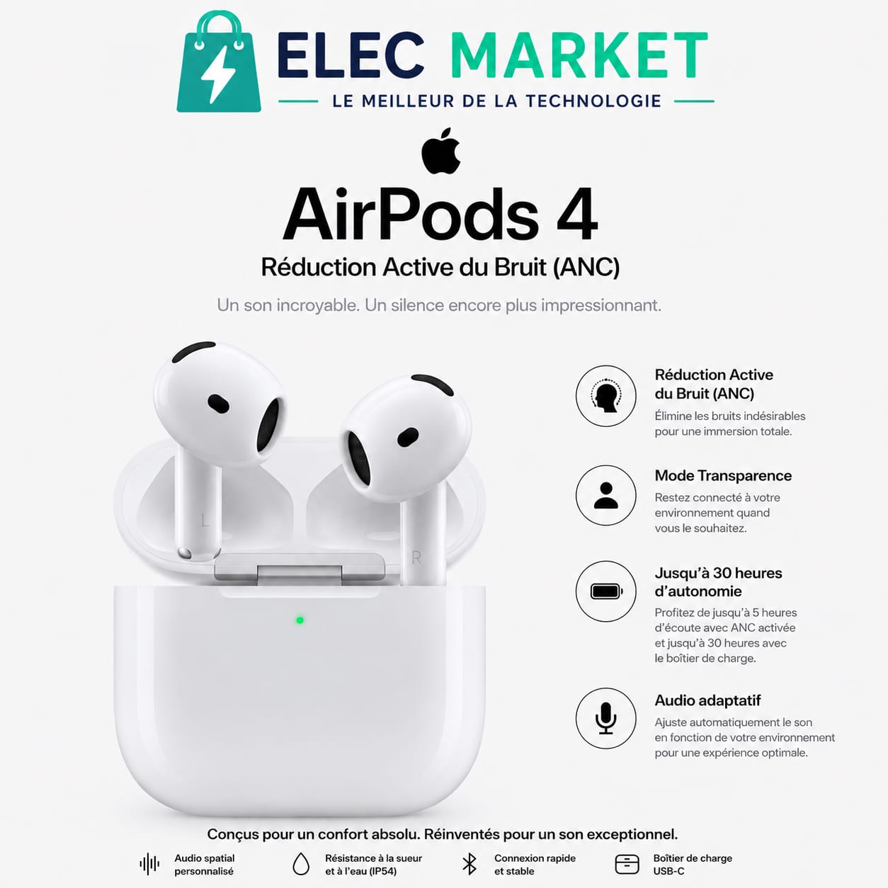 Apple AirPods 4 avec Réduction Active du Bruit (ANC)
